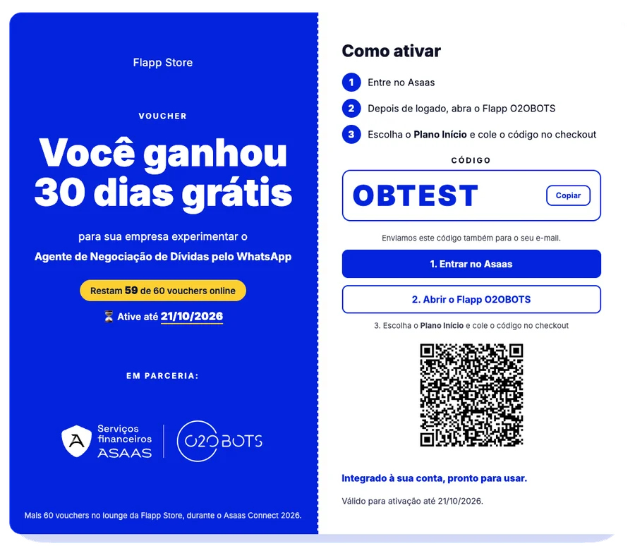 Página do voucher: 30 dias grátis do Agente de Negociação de Dívidas pelo WhatsApp